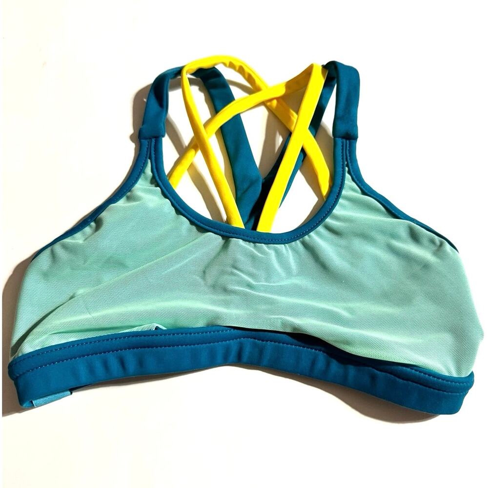 Tiger Friday Child Large CL Teal, Blue & Yellow Strappy Dance Crop Bra Top